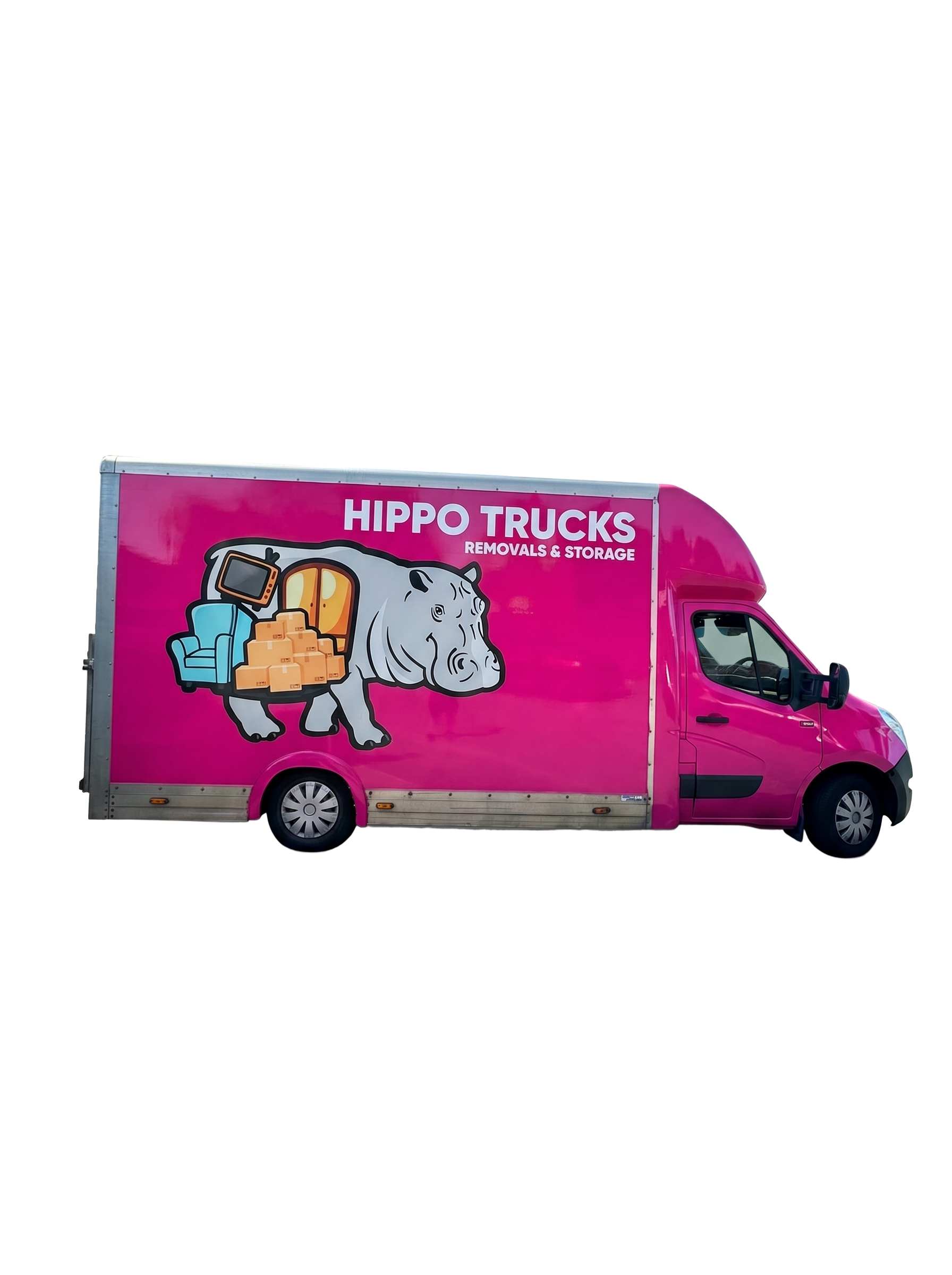 Bright pink Hippo Removals van